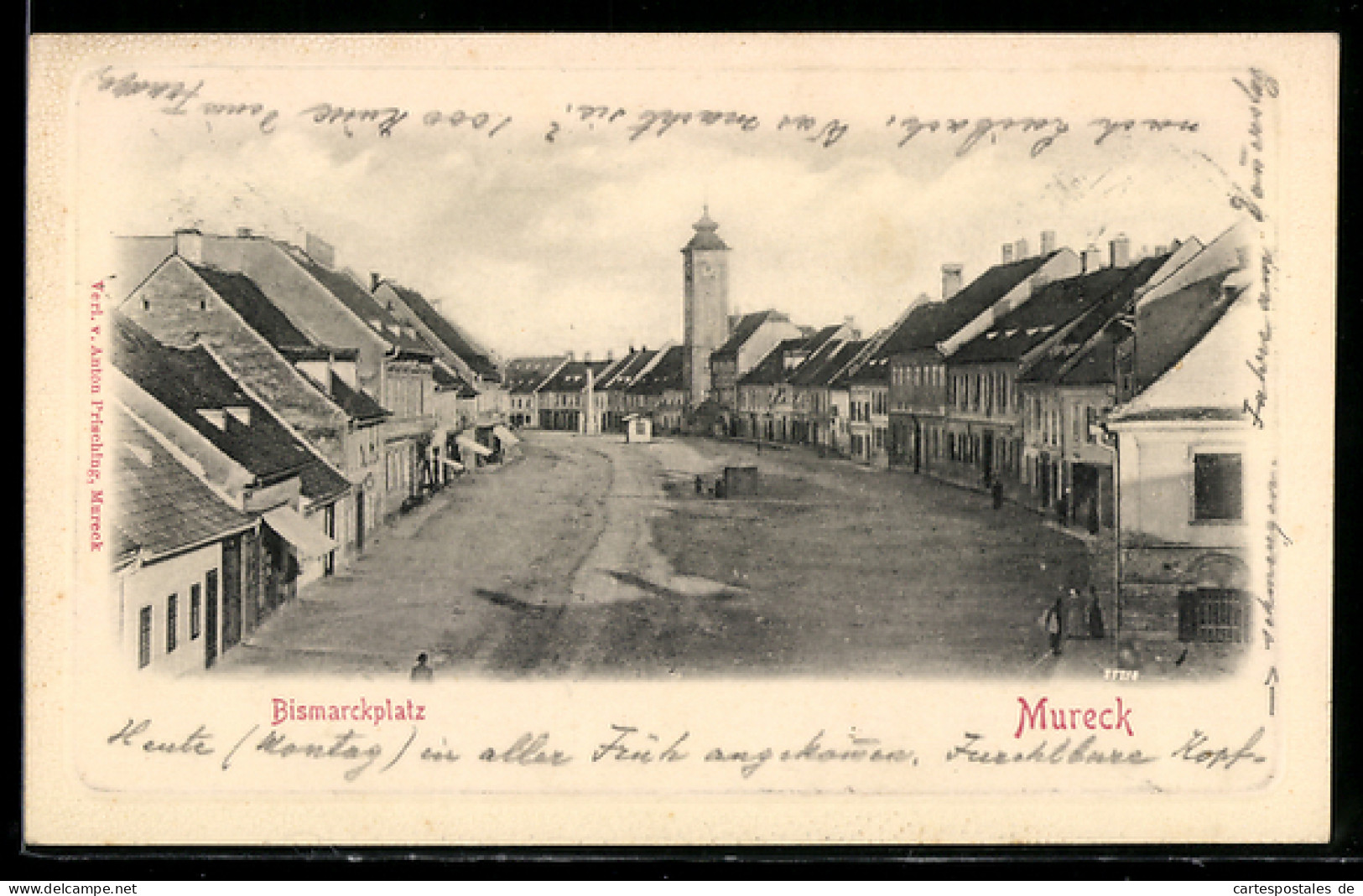 AK Mureck, Bismarckplatz mit Turm und Häuserzeile