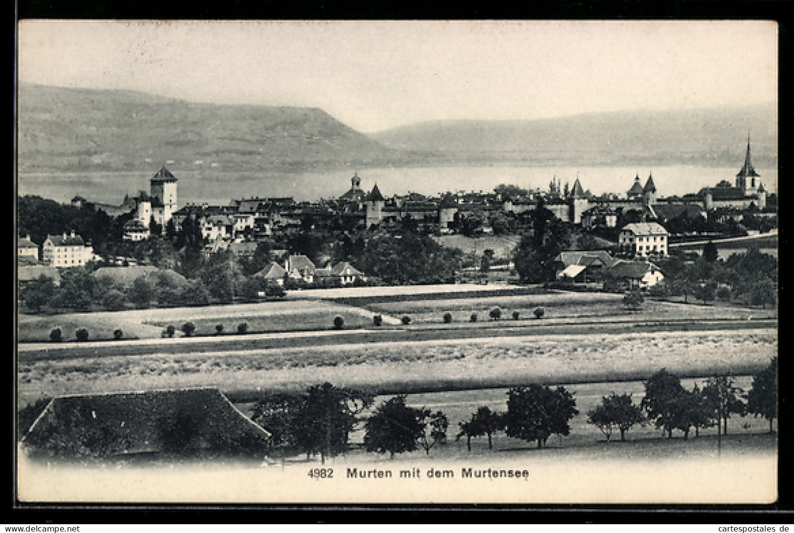 AK Murten, Ortsansicht mit dem Murtensee