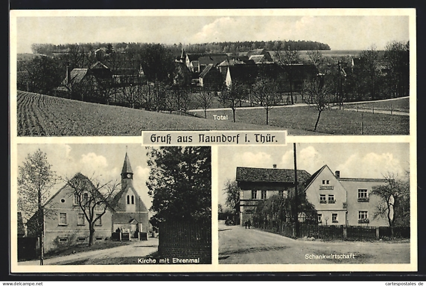 AK Naundorf / Gössnitz, Gasthaus, Kirche mit Ehrenmal, Totalansicht
