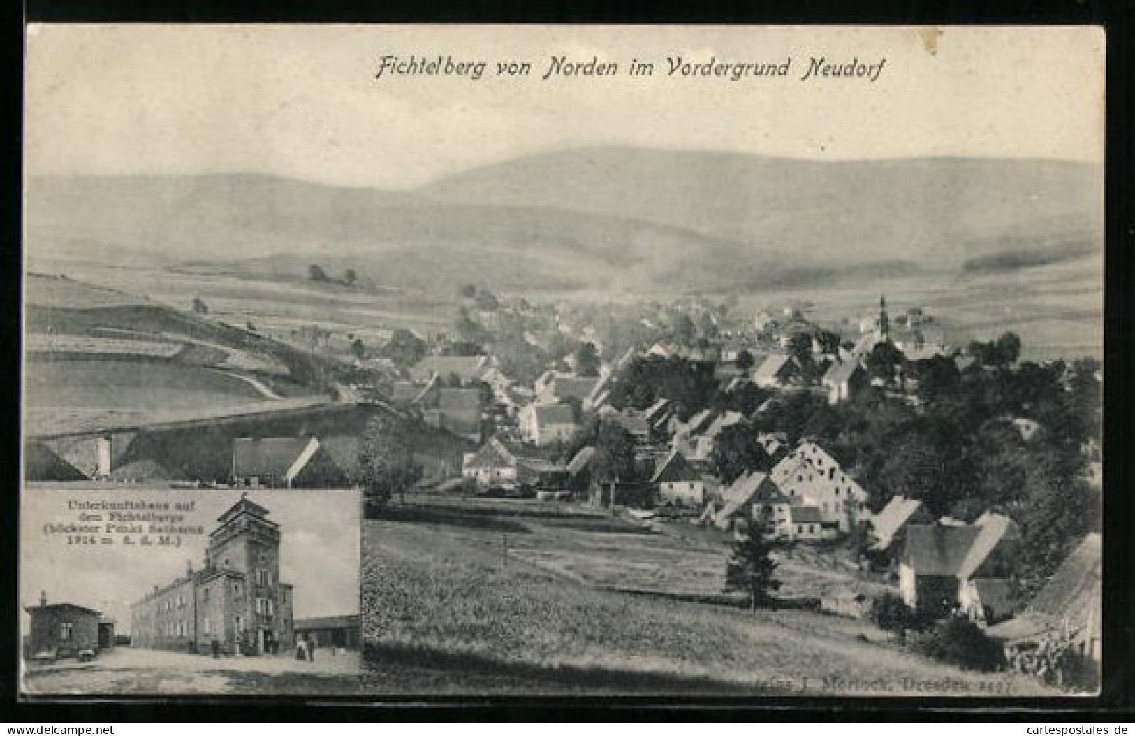 AK Neudorf /Sa., Ortsansicht mit Fichtelberg, Unterkunftshaus auf dem Fichtelberg