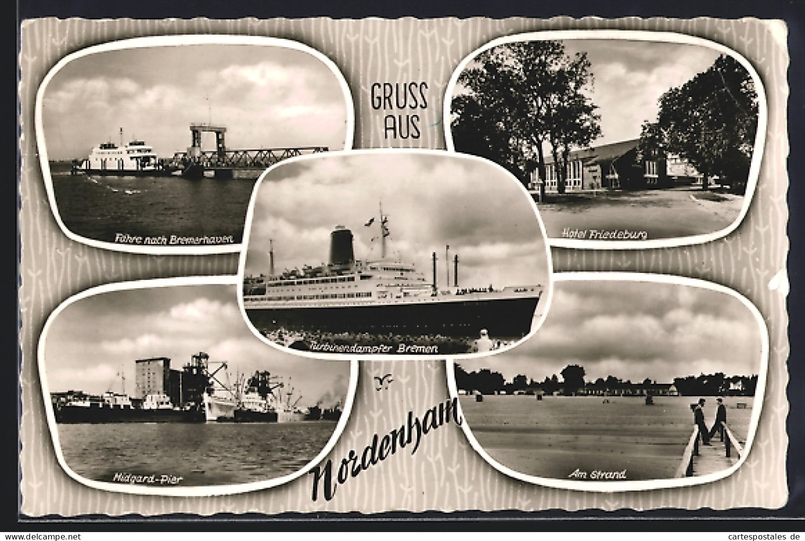 AK Nordenham, Midgard-Pier, Hotel Friedeburg, Fähre