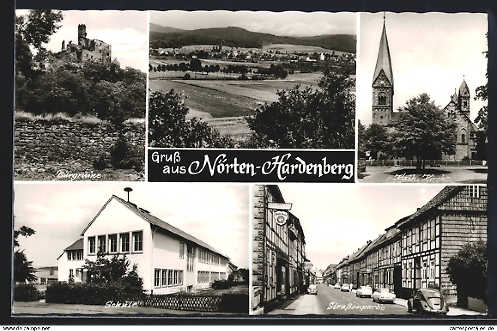AK Nörten-Hardenberg, Burgruine, Schule, Kath. Kirche, Strassenpartie