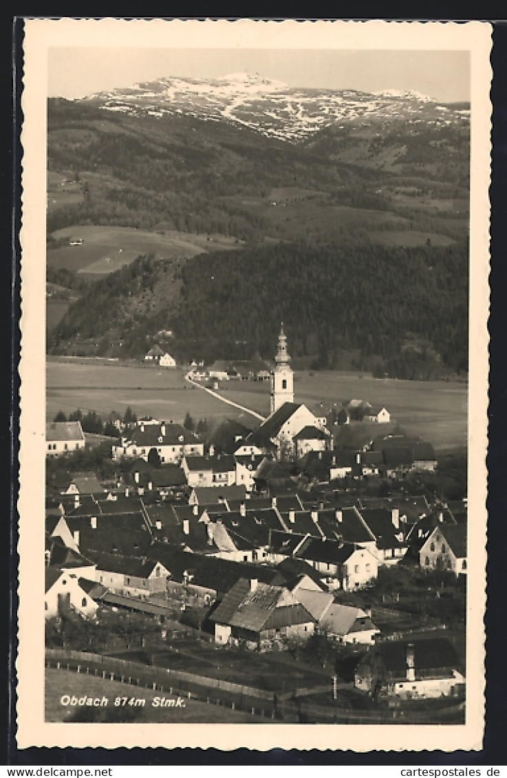 AK Obdach, Ortsansicht mit Bergblick