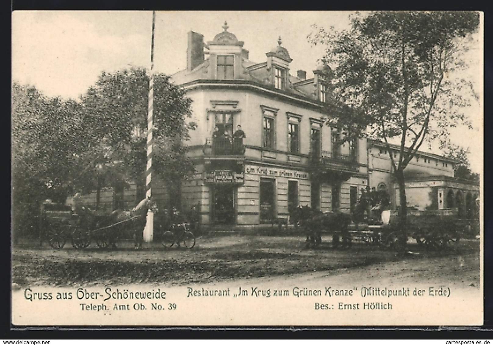 AK Ober-Schöneweide, Wuhlheide, Restaurant Im Krug zum grünen Kranze E. Höflich, Fuhrwerke