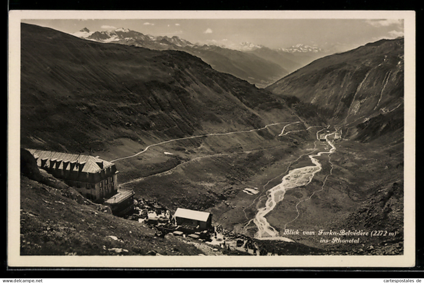 AK Obergoms, Blick vom Furka-Belvedere ins Rhonethal