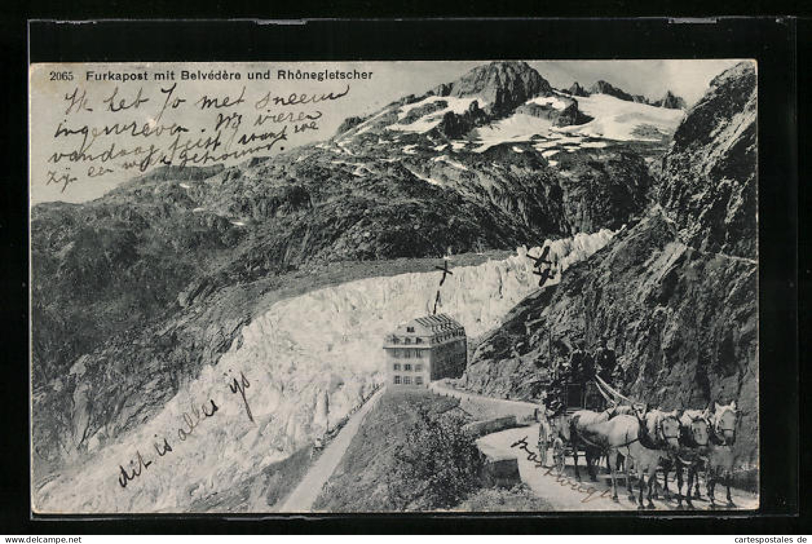 AK Obergoms, Furkapass, Furkapost mit Belvédère und Rhônegletscher