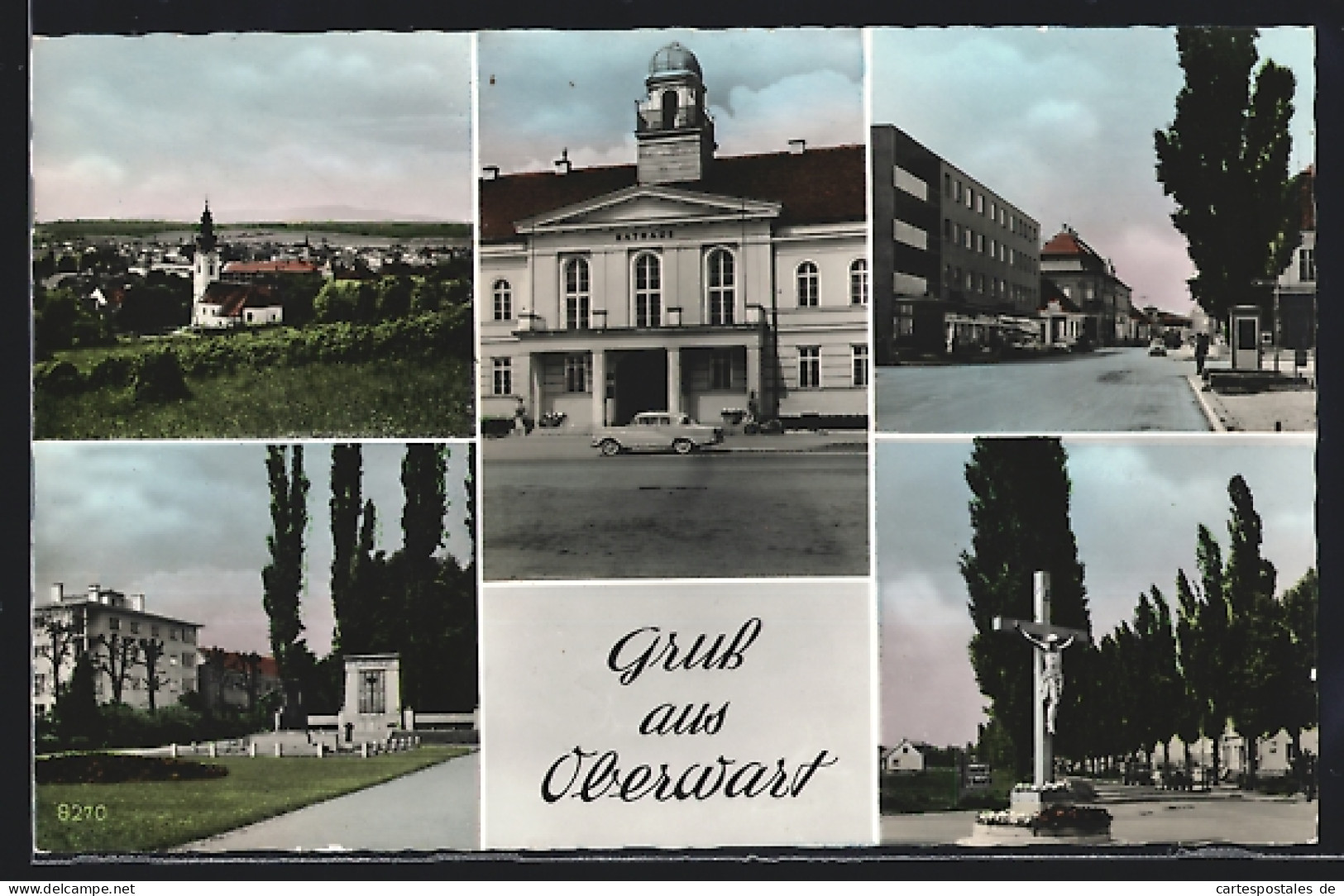 AK Oberwart, Gesamtansicht, Rathaus, Platz mit Monument, Kreuz