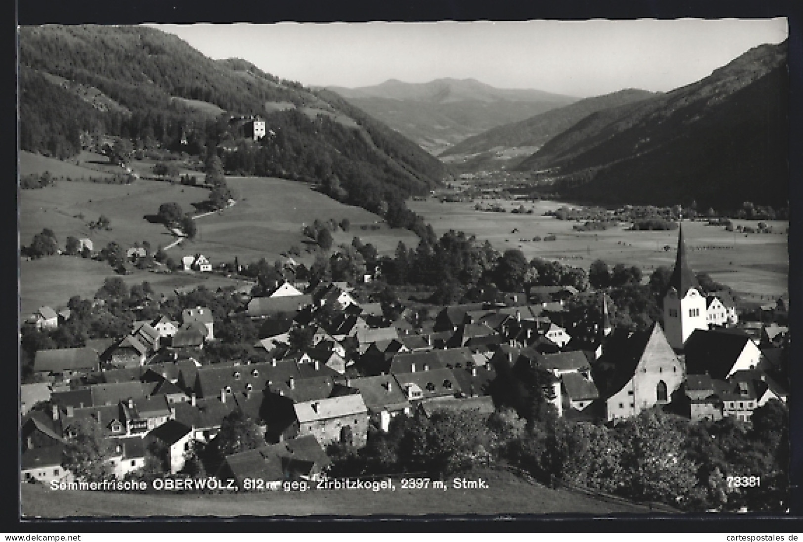 AK Oberwölz, Ortsansicht gegen Zirbitzkogel