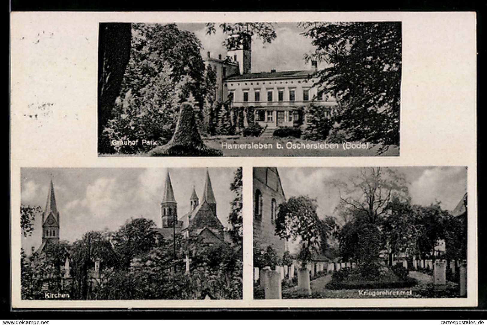AK Oschersleben /Bode, Kriegerdenkmal, Schloss-Gut Hammersleben, Kirchen