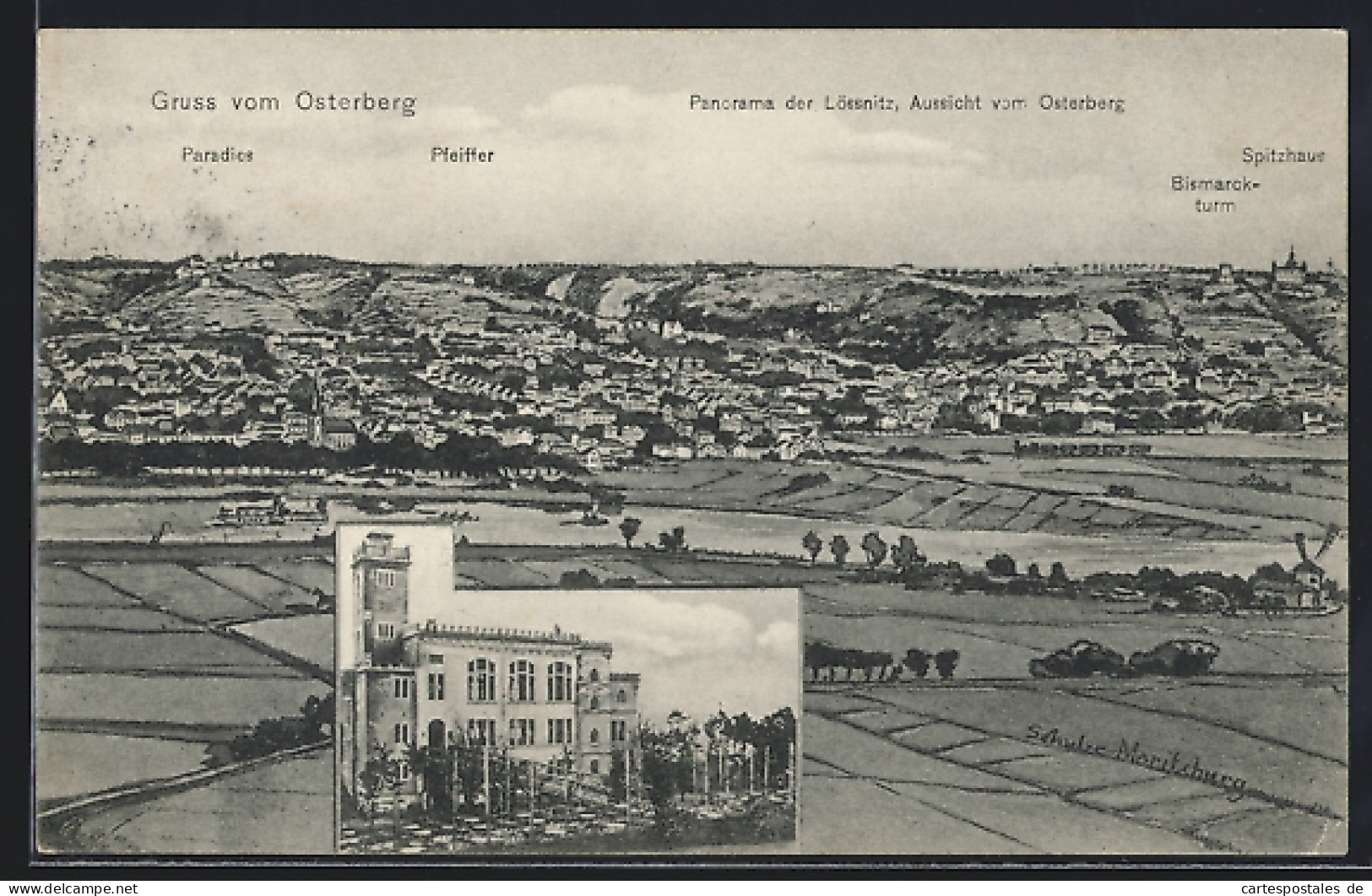 AK Osterberg /Lössnitz, Gasthaus, Panorama der Lössnitz mit Paradies, Spitzhaus und Pfeiffer, Passepartout