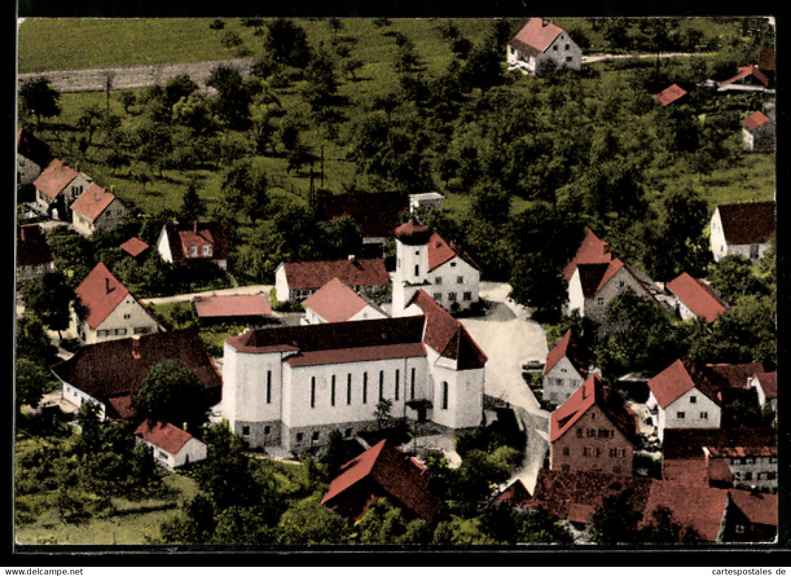 AK Ottenbach, Kath. Pfarrkirche St. Sebastian u. Ortsansicht, Fliegeraufnahme