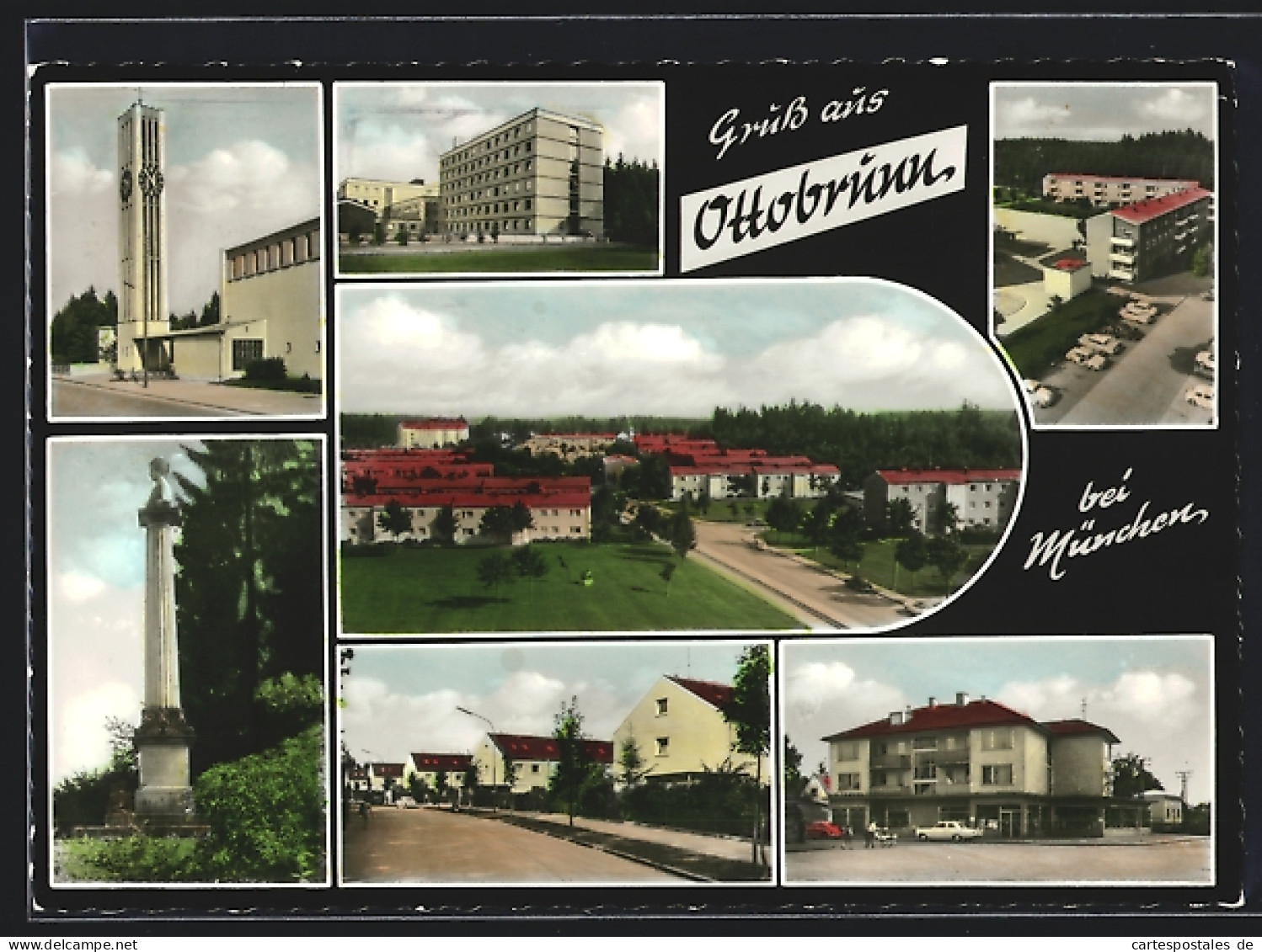 AK Ottobrunn bei München, Strassenpartie mit Kirche, Hochhäuser, Denkmal