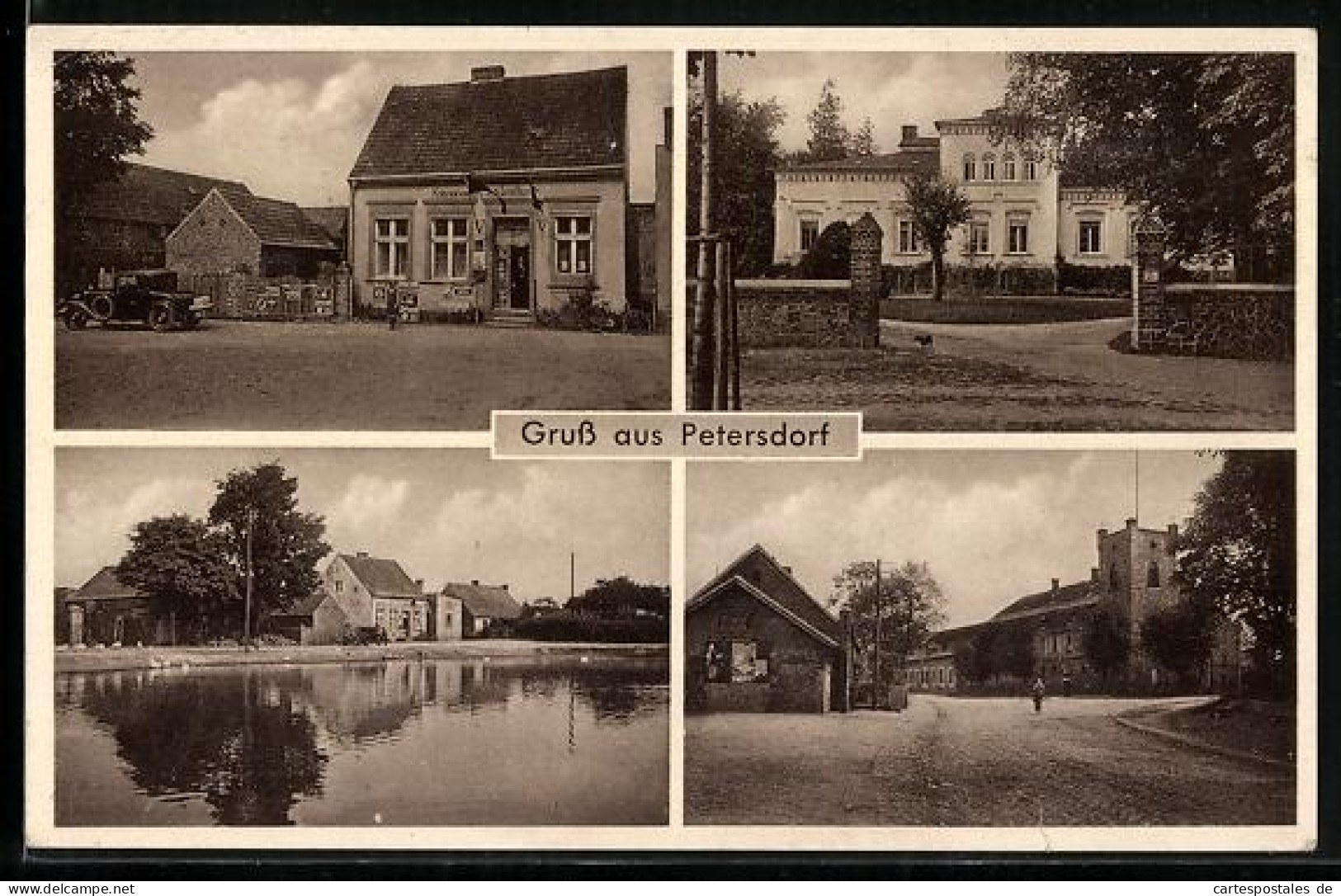 AK Petersdorf / Briesen, Kolonialwarenhandlung, Inh. Emil Busch, Strassenpartie, Villa und Weiher