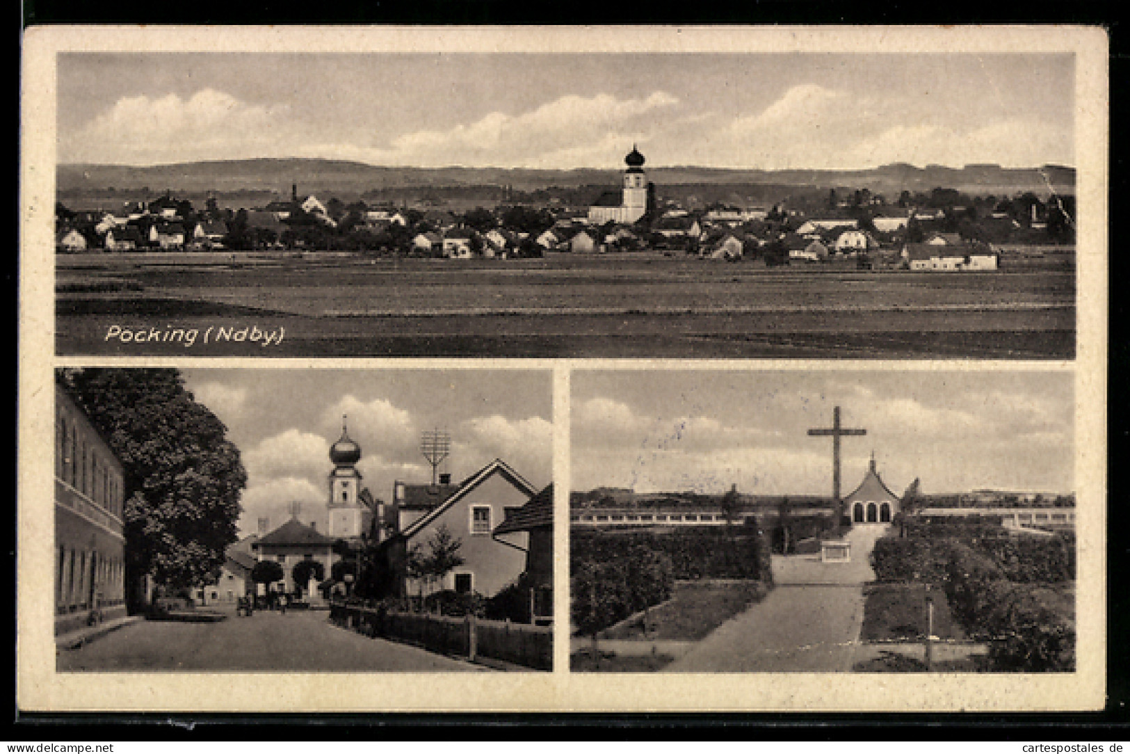 AK Pocking, Strassenpartie mit Kirche, Ortsansicht