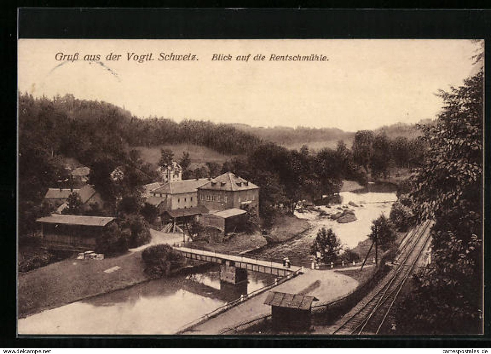 AK Pöhl /Vogtl. Schweiz, Rentschmühle mit Umgebung aus der Vogelschau