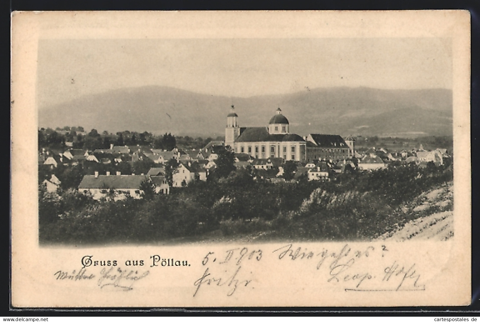 AK Pöllau, Ortsansicht gegen die Berge