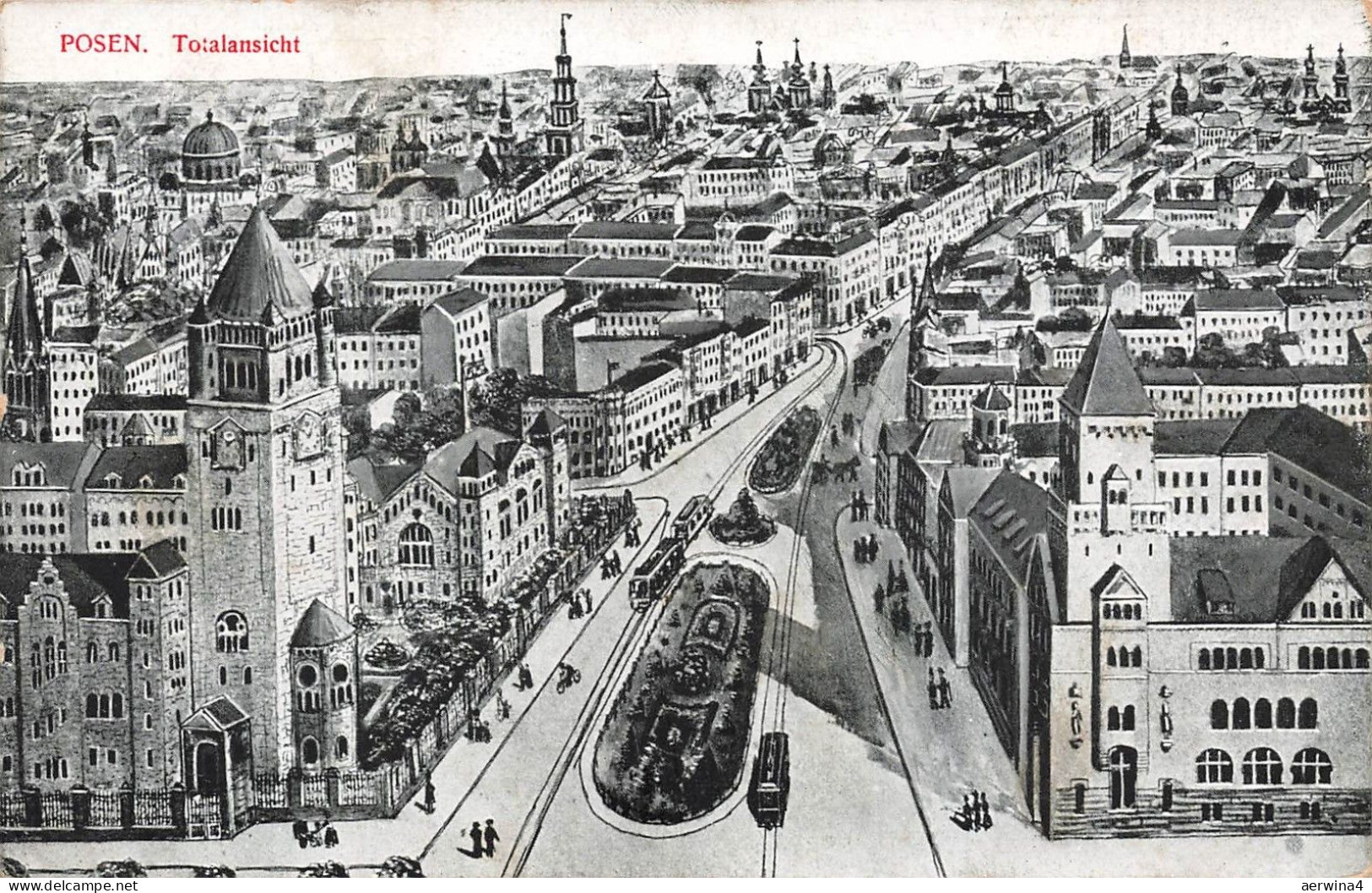 AK Posen Totalansicht Straßenbahn Posen 1917 gelaufen Postkarte
