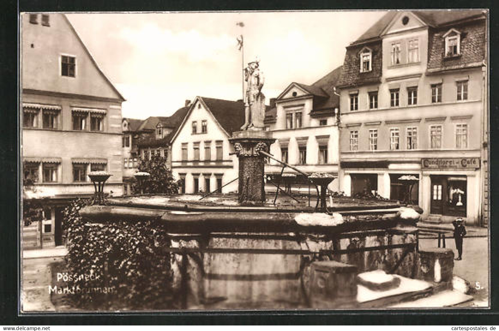 AK Pössneck, Marktbrunnen und Cafe