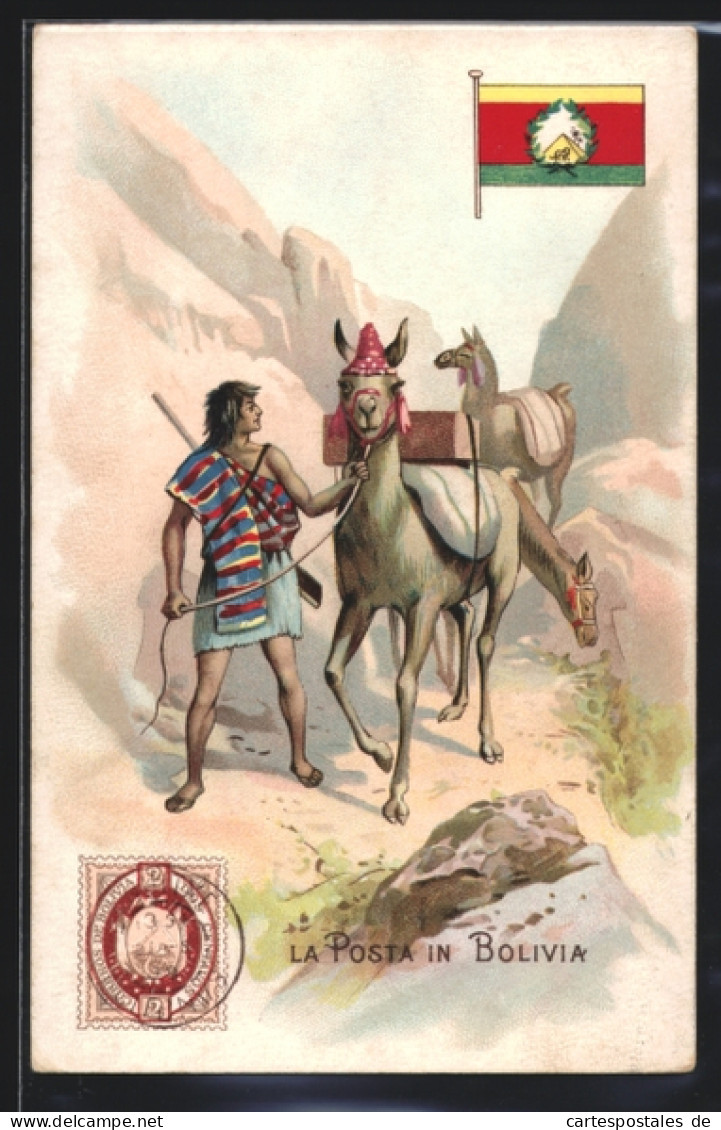 AK Postbote aus Bolivien mit einem Lama