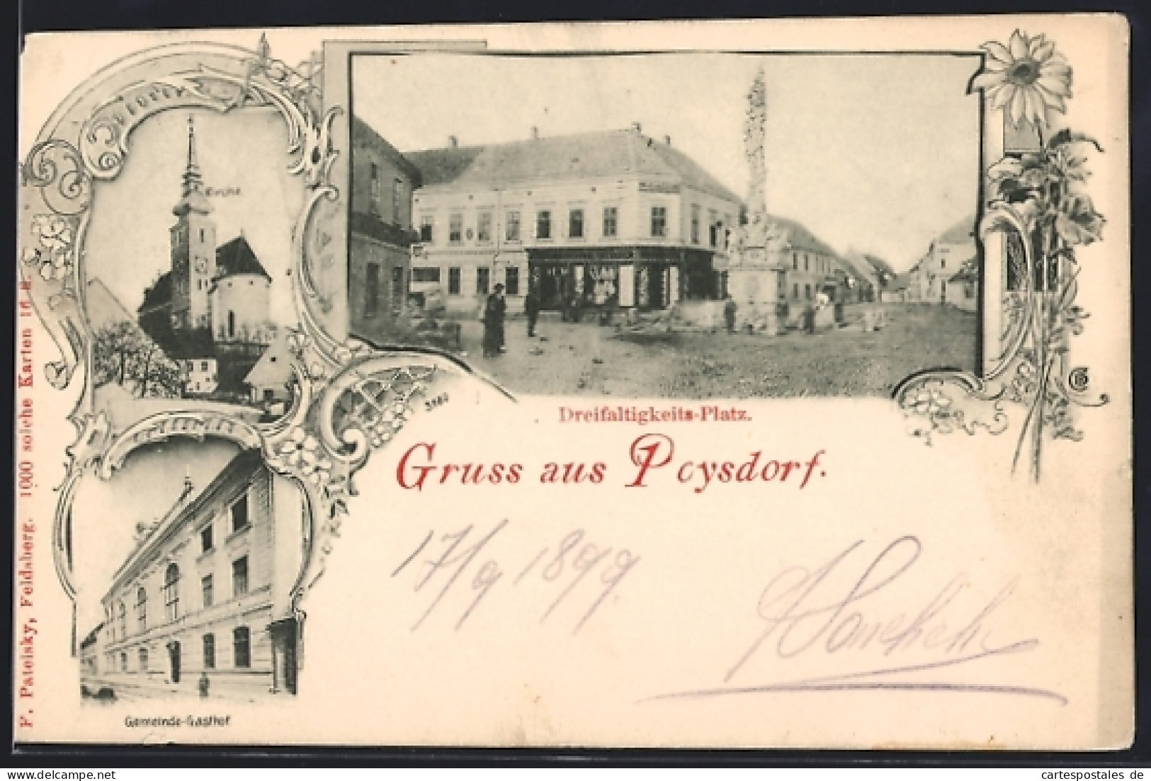 AK Poysdorf, Gemeinde-Gasthof, Dreifaltigkeits-Platz, Kirche