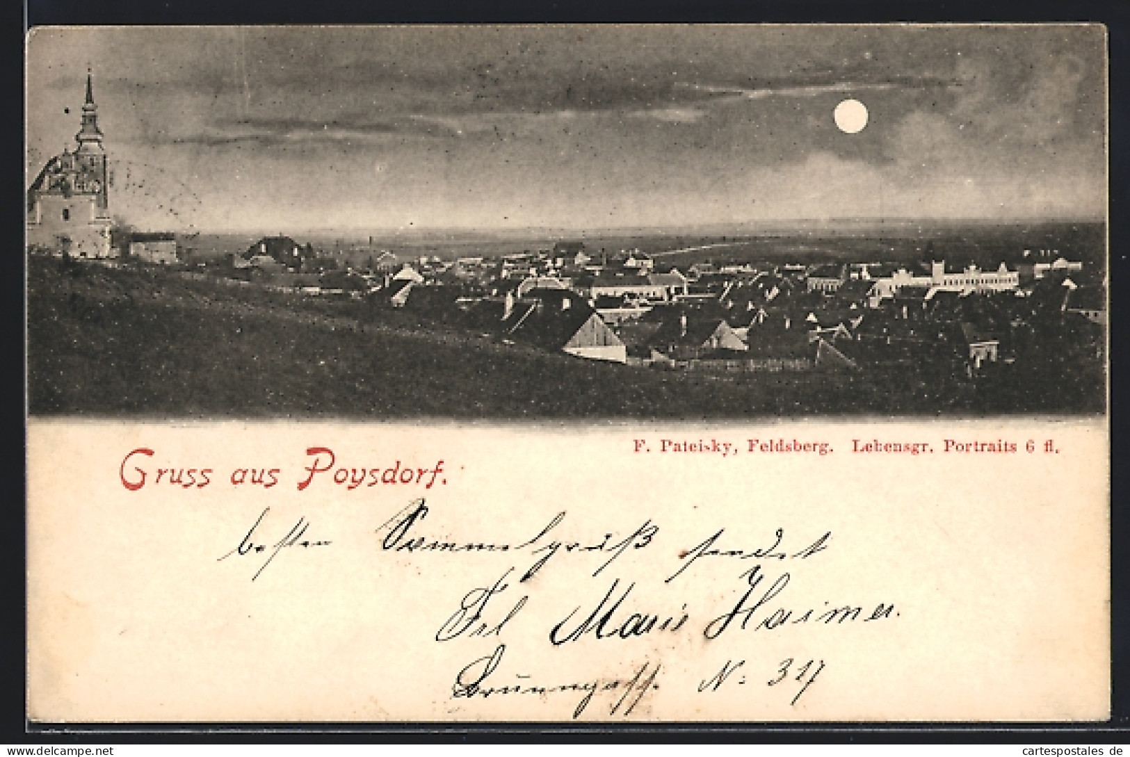 AK Poysdorf, Ortsansicht im Mondschein