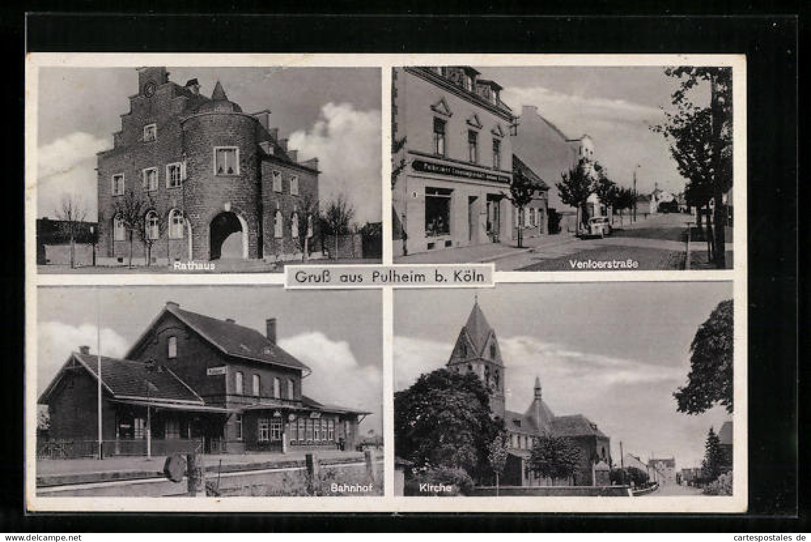 AK Pulheim b. Köln, Venloerstrasse mit Geschäft, Rathaus, Bahnhof