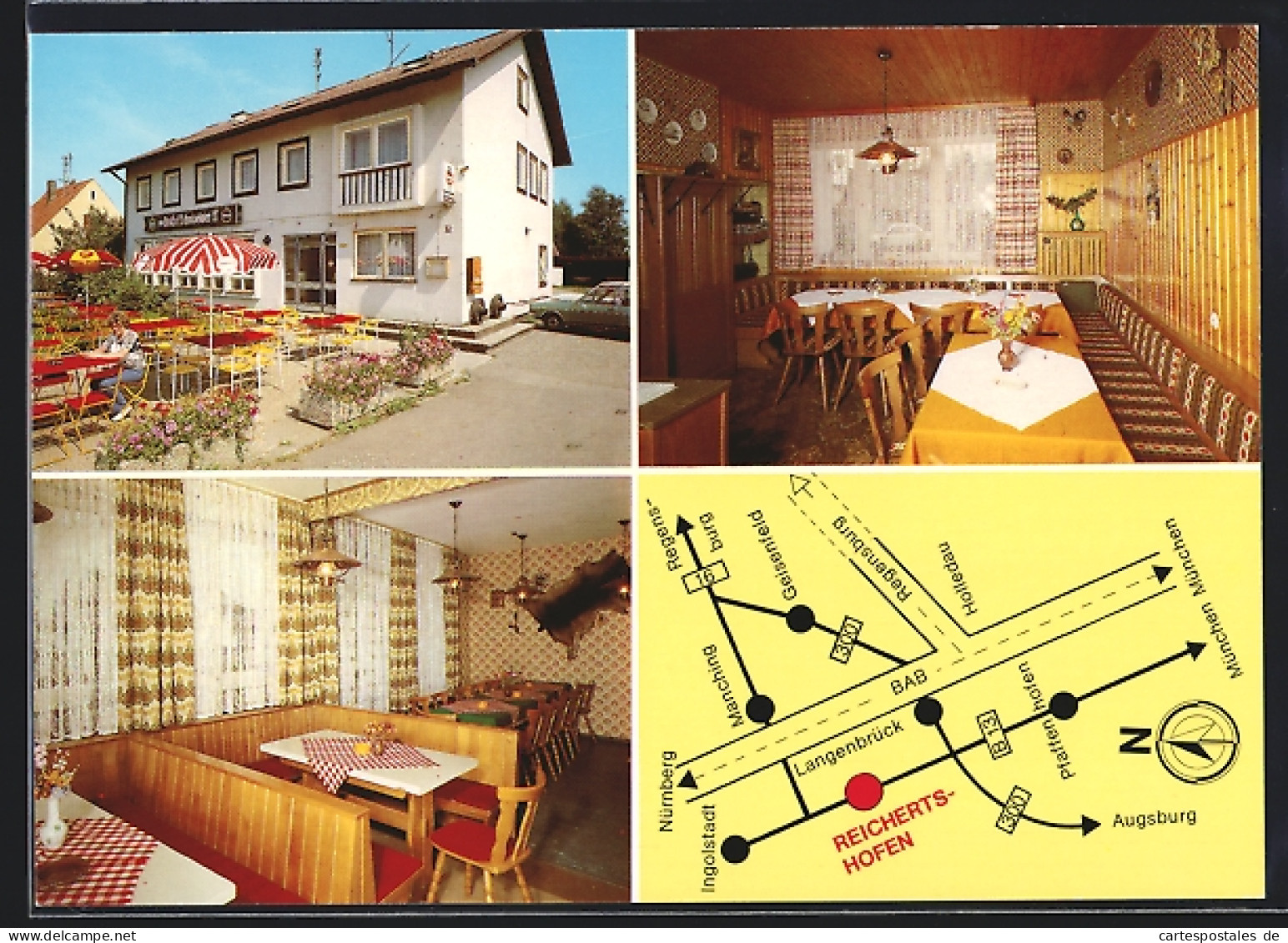 AK Reichertshofen /Obb., Gasthof Schnitzelwirt, Innenansichten, Stadtplan mit Langenbrück, Ingolstadt und Geisenfeld