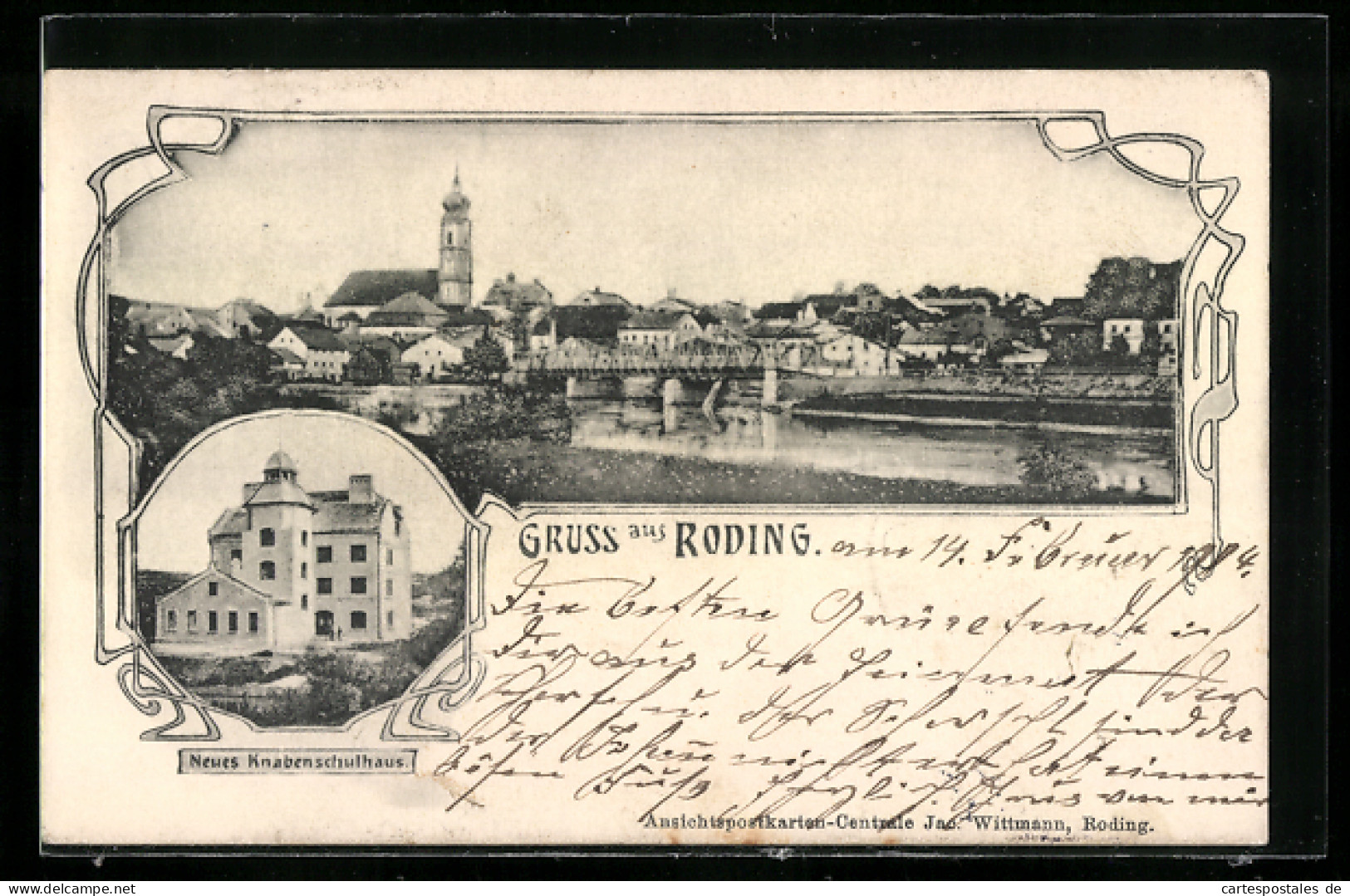 AK Roding, Teilansicht mit Kirche, Neues Knabenschulhaus