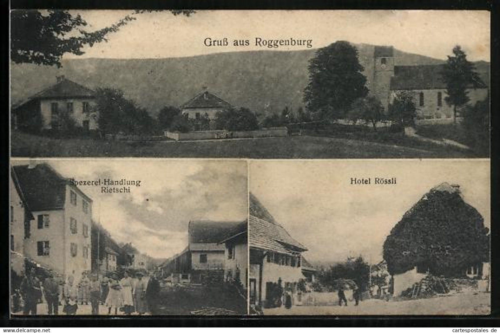AK Roggenburg, Hotel Rössli, Spezereihandlung Rietschi, Panorama mit Kirche