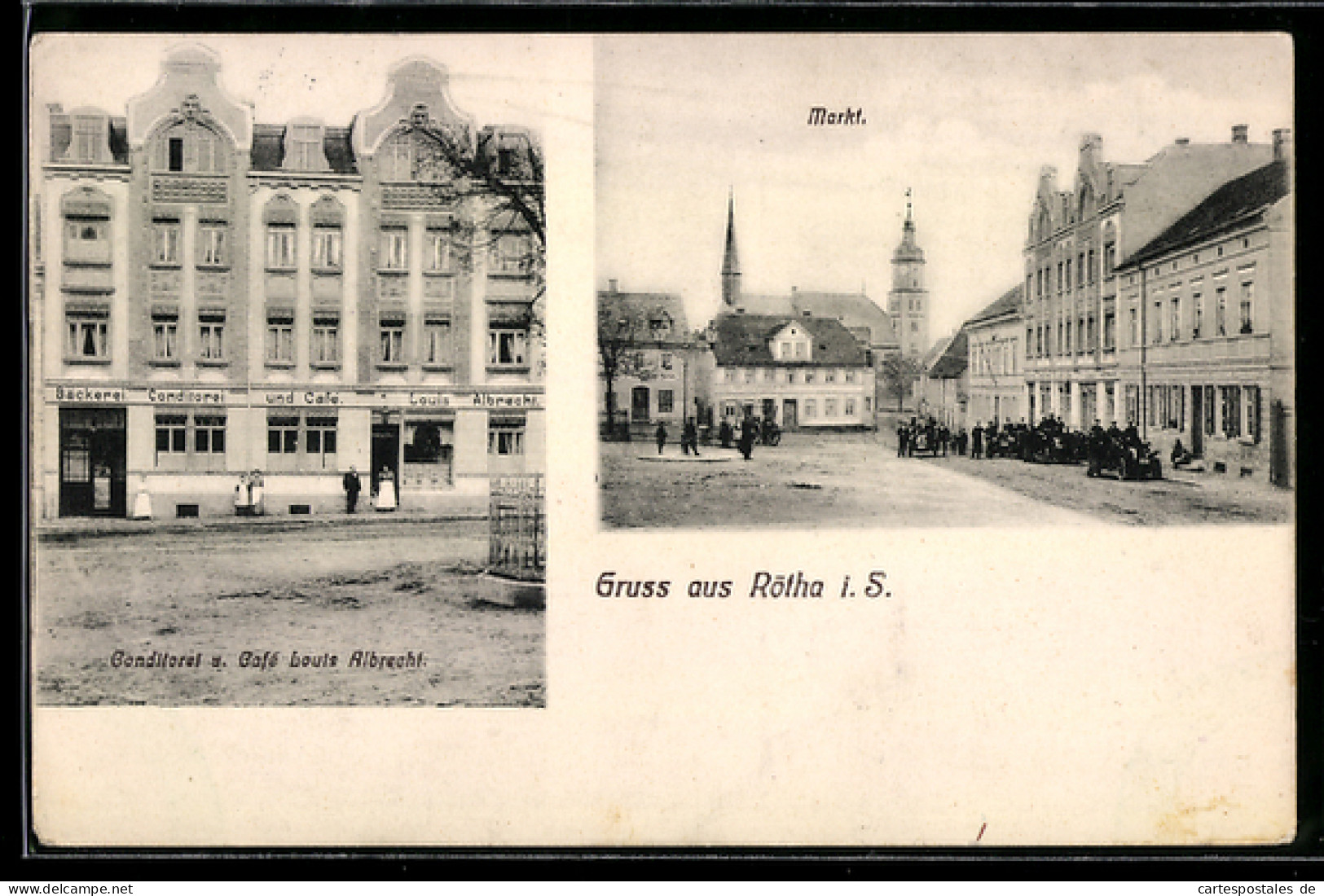 AK Rötha i. Sa., Conditorei und Café Louis Albrecht, Markt