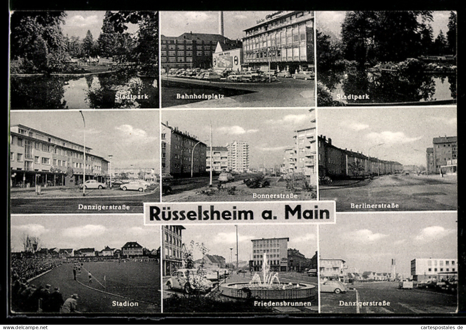 AK Rüsselsheim a. Main, Bahnhofsplatz, Stadtpark, Friedensbrunnen