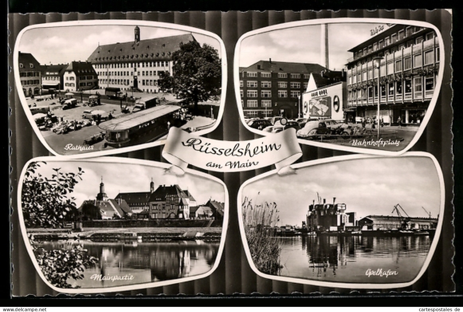 AK Rüsselsheim am Main, Rathaus, Bahnhofsplatz, Mainpartie, Opel-Hafen