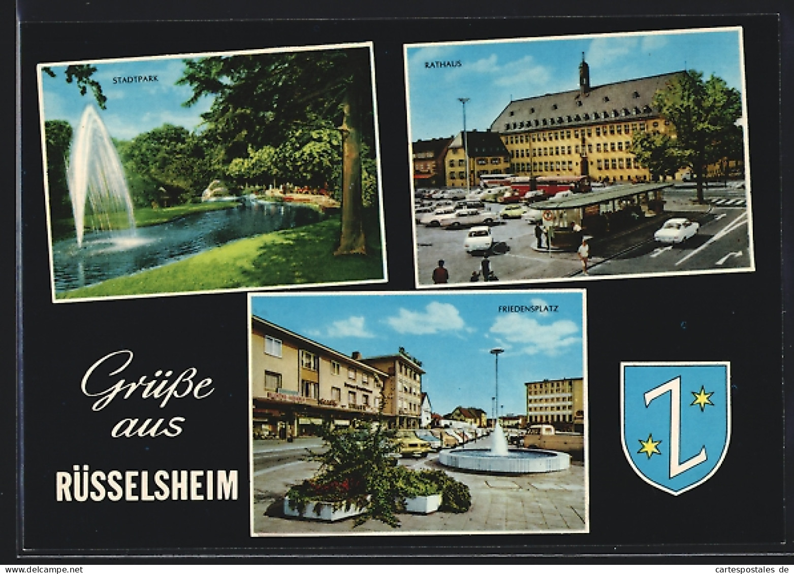 AK Rüsselsheim, Friedensplatz mit Geschäften, Rathaus, Stadtpark