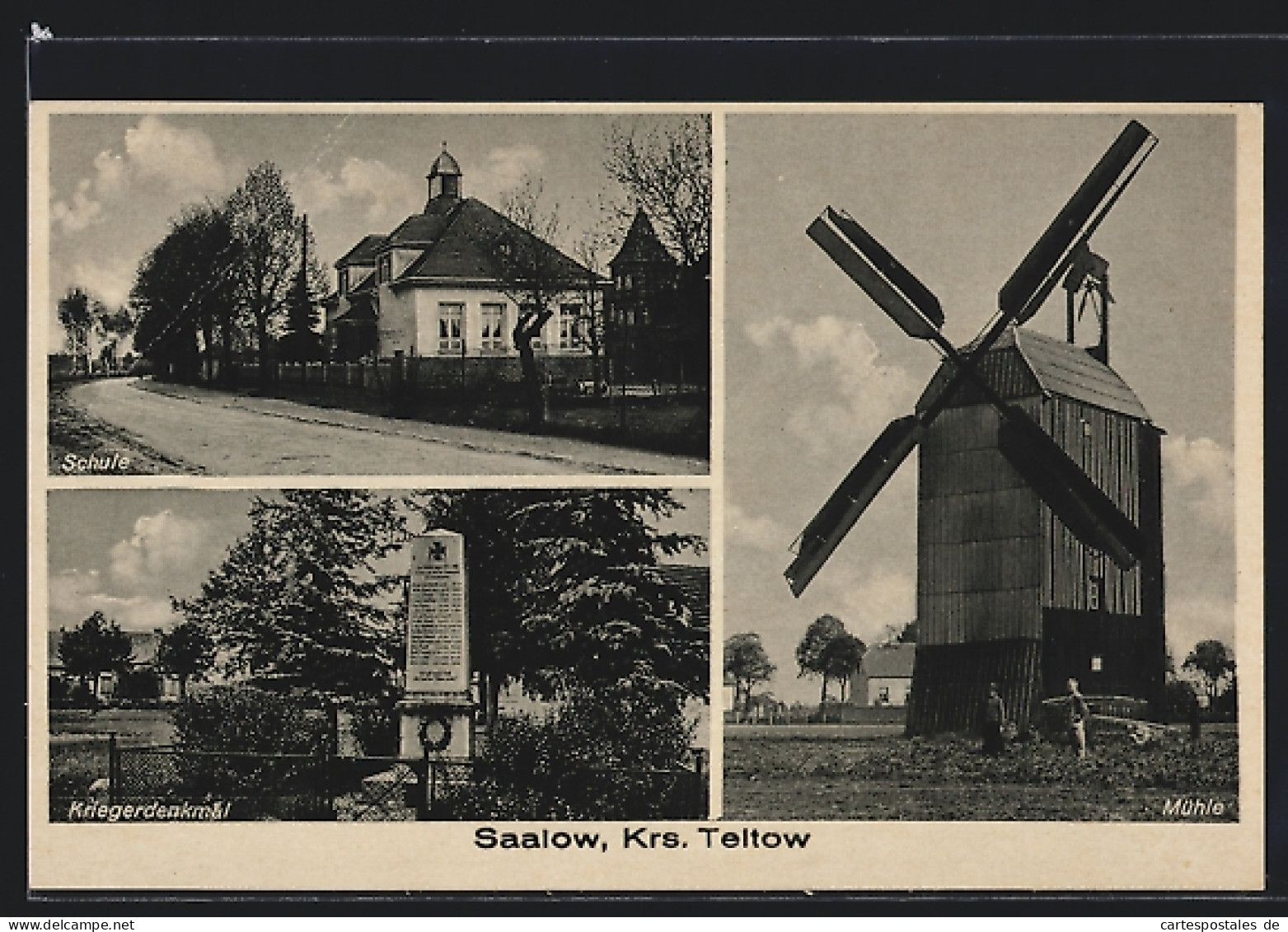 AK Saalow /Krs. Teltow, Mühle, Schule, Kriegerdenkmal