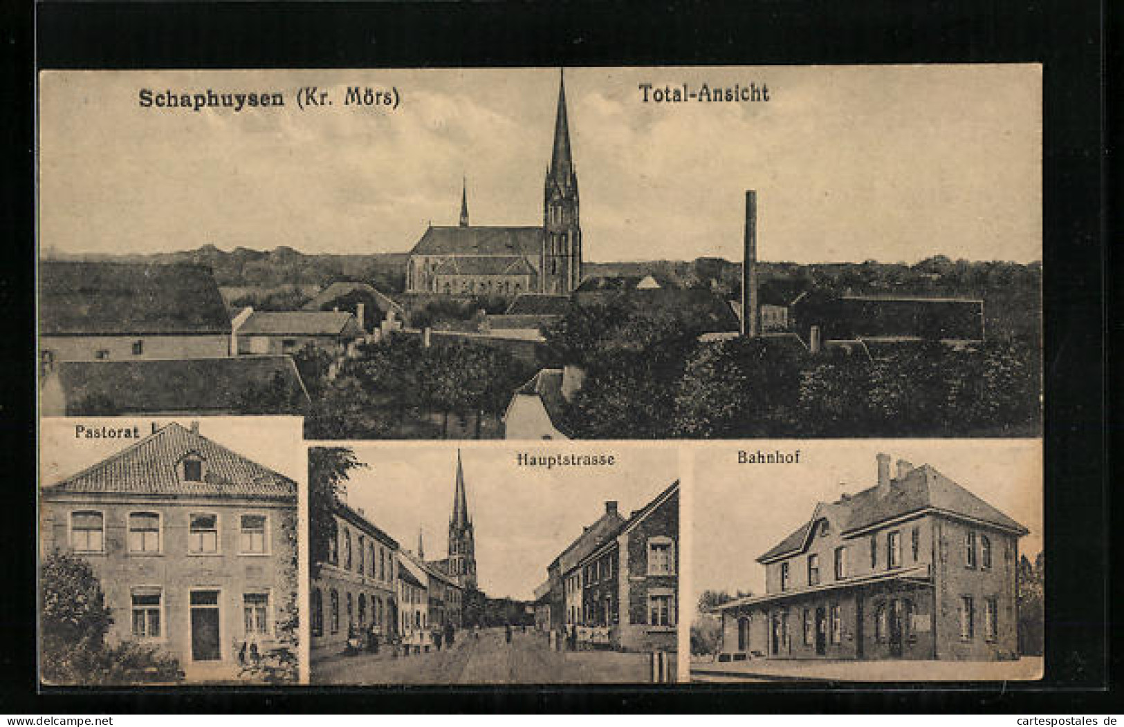 AK Schaephuysen Kr. Mörs, Bahnhof, Hauptstrasse & Total-Ansicht