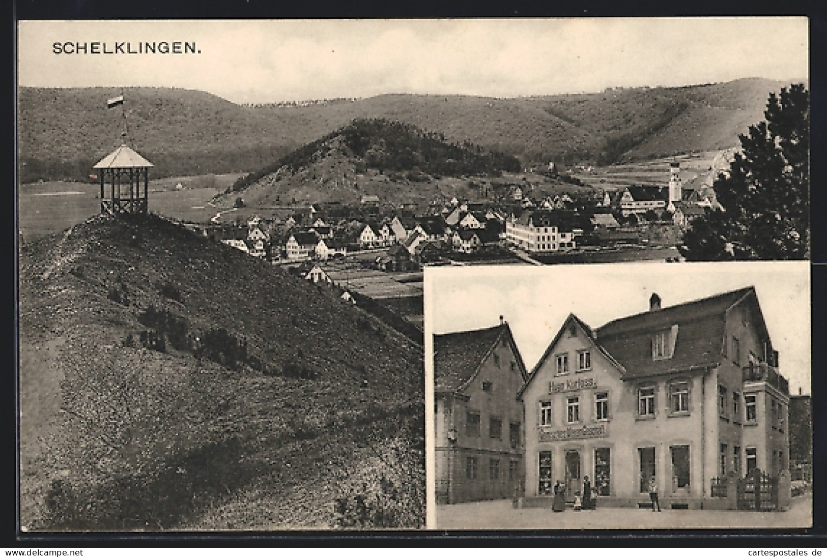 AK Schelklingen, Totalansicht und Warenladen Hugo Kurfess