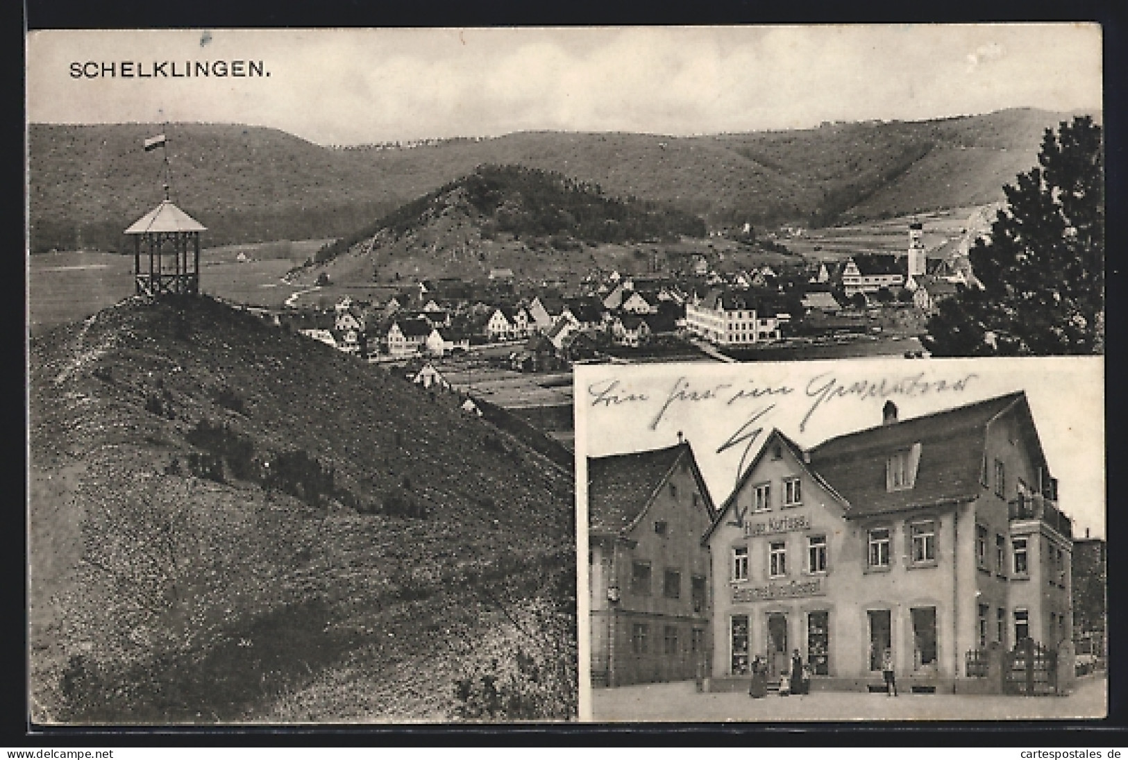 AK Schelklingen, Totalansicht und Warenladen Hugo Kurfess