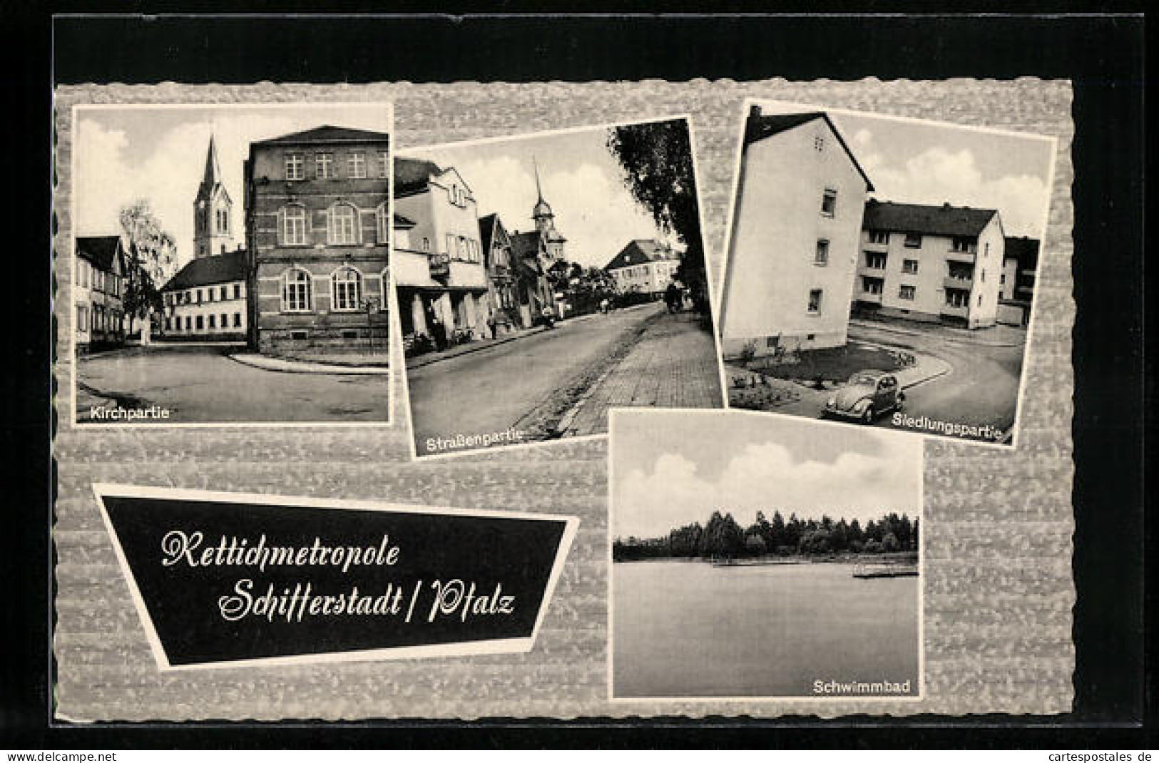 AK Schifferstadt /Pfalz, Siedlungspartie, Schwimmbad, Kirchpartie