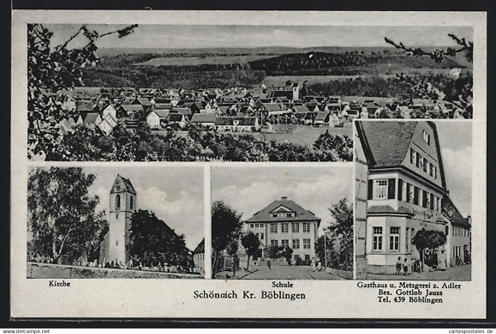 AK Schönaich /Kr. Böblingen, Gasthaus zum Adler, Schule, Kirche