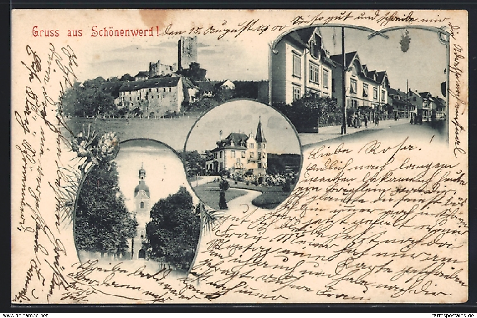 AK Schönenwerd, Strassenpartie mit Wohnhäusern, Ruine Falkenstein, Blick auf die Kirche