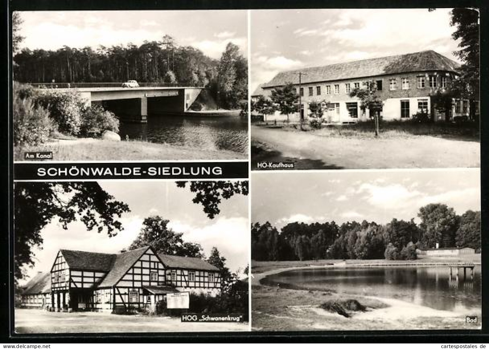 AK Schönwalde-Glien, Schönwalde-Siedlung, Am Kanal, HO-Kaufhaus, HOG Schwanenkrug, Bad
