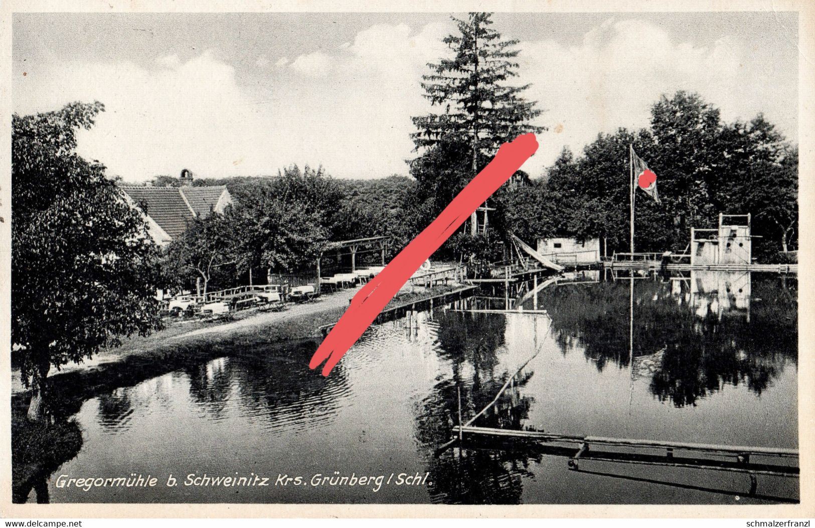 AK Schweinitz Swidnica Gasthof Gregormühle NS Fahne Zalew Swidnicki Buchelsdorf Lättnitz Wittgenau Grünberg Zielona Gora