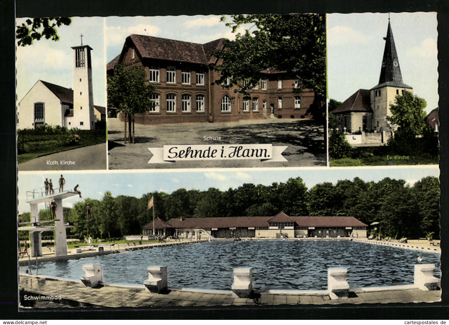 AK Sehnde i. Hann., Kath. Kirche, Schule, Ev. Kirche, Schwimmbad