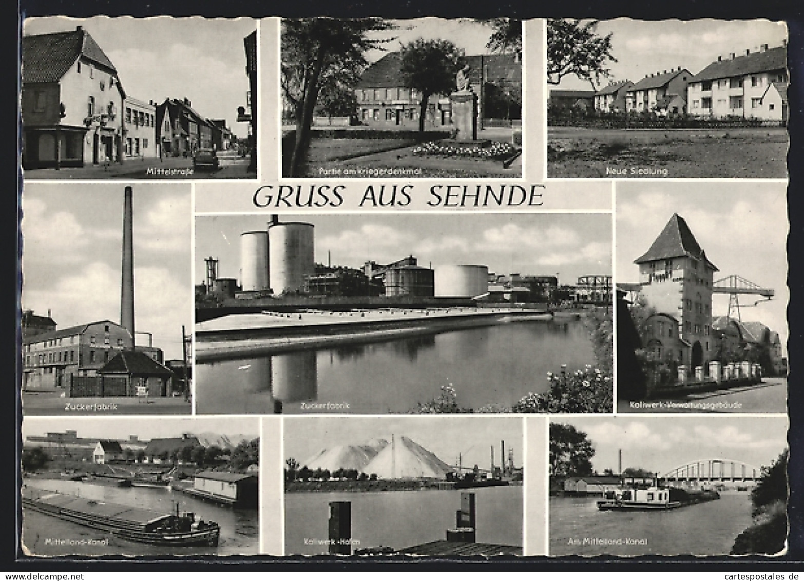 AK Sehnde, Mittelstrasse, Neue Siedlung, Zuckerfabrik, Kaliwerk-Hafen, Partie am Kriegerdenkmal