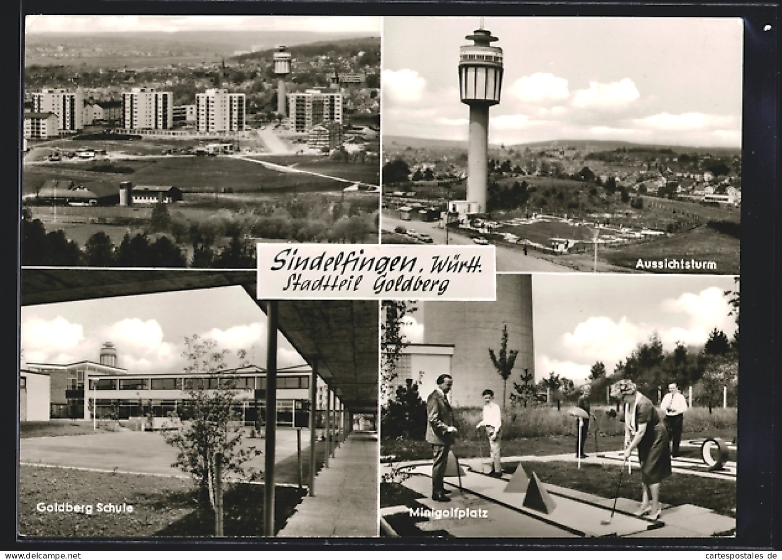 AK Sindelfingen-Goldberg, Neubausiedlung, Aussichtsturm, Goldberg-Schule, Minigolfplatz
