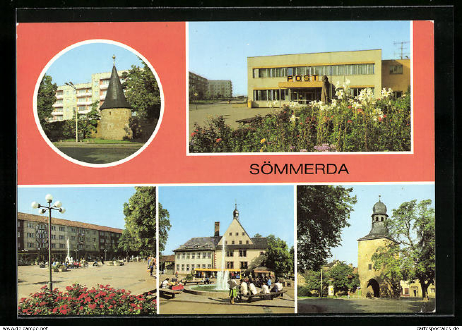 AK Sömmerda, Postgebäude, Kirche, Strassenbahn am Marktplatz