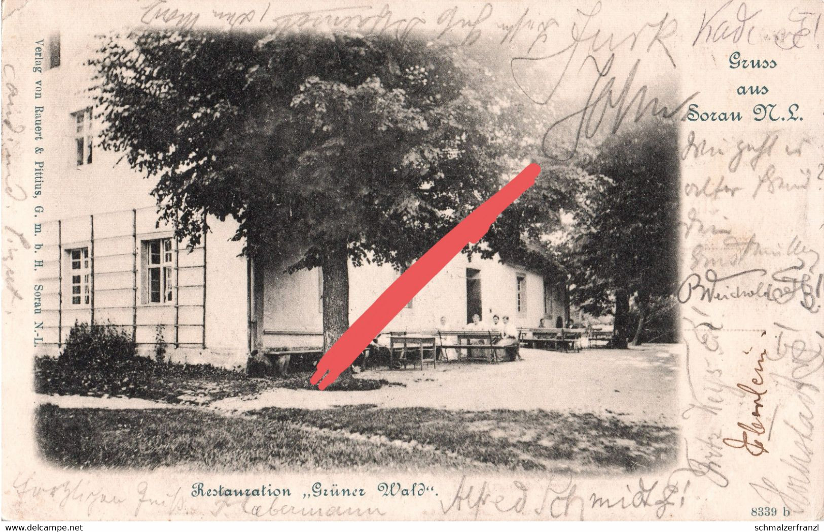 AK Sorau Zary Gasthof Grüner Wald a Kunzendorf Kunice Schönwalde Sieniawa Stempel Ferienbund Sorauer Studenten Neumark