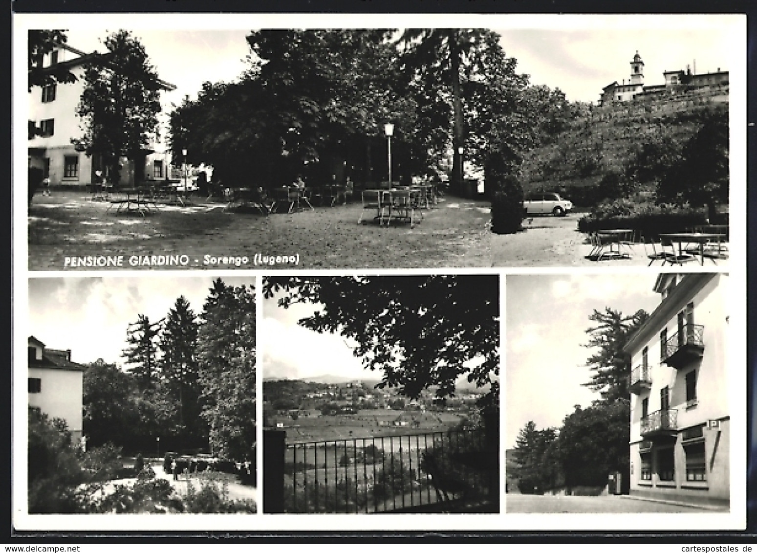 AK Sorengo, Pensione Giardino, Verschiedene Aussenansichten, Blick von der Pension zum Ort, Bes. Pedrini