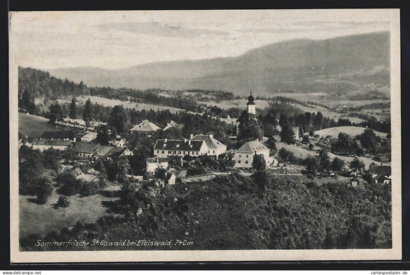 AK St. Oswald bei Eibiswald, Gesamtansicht mit Kirche gegen Hügellandschaft