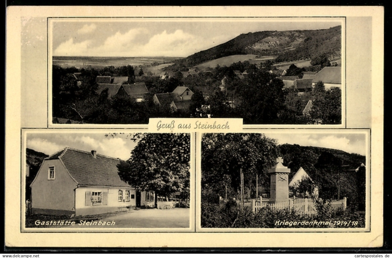 AK Steinbach / Bad Bibra, Gaststätte, Kriegerdenkmal 1914/18, Ortsansicht